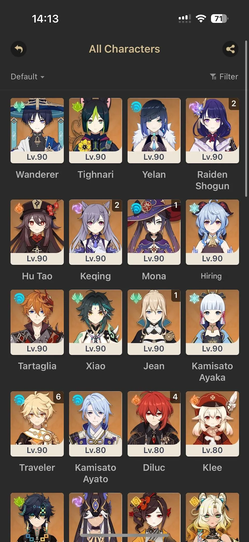 GI1058 High-End 49 Legendary AR60 | Raiden Shogun C2 + Engulfing Lightning, Ganyu + Amos, Ayaka + Mistsplitter, Yelan + Elegy, Kinich + Redhorn